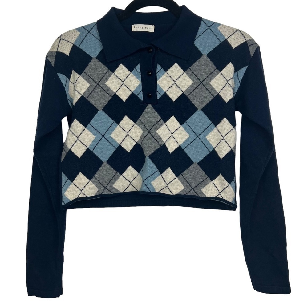 Funny Park Blue Argyle Crop Top Polo Sweater Approx XS
